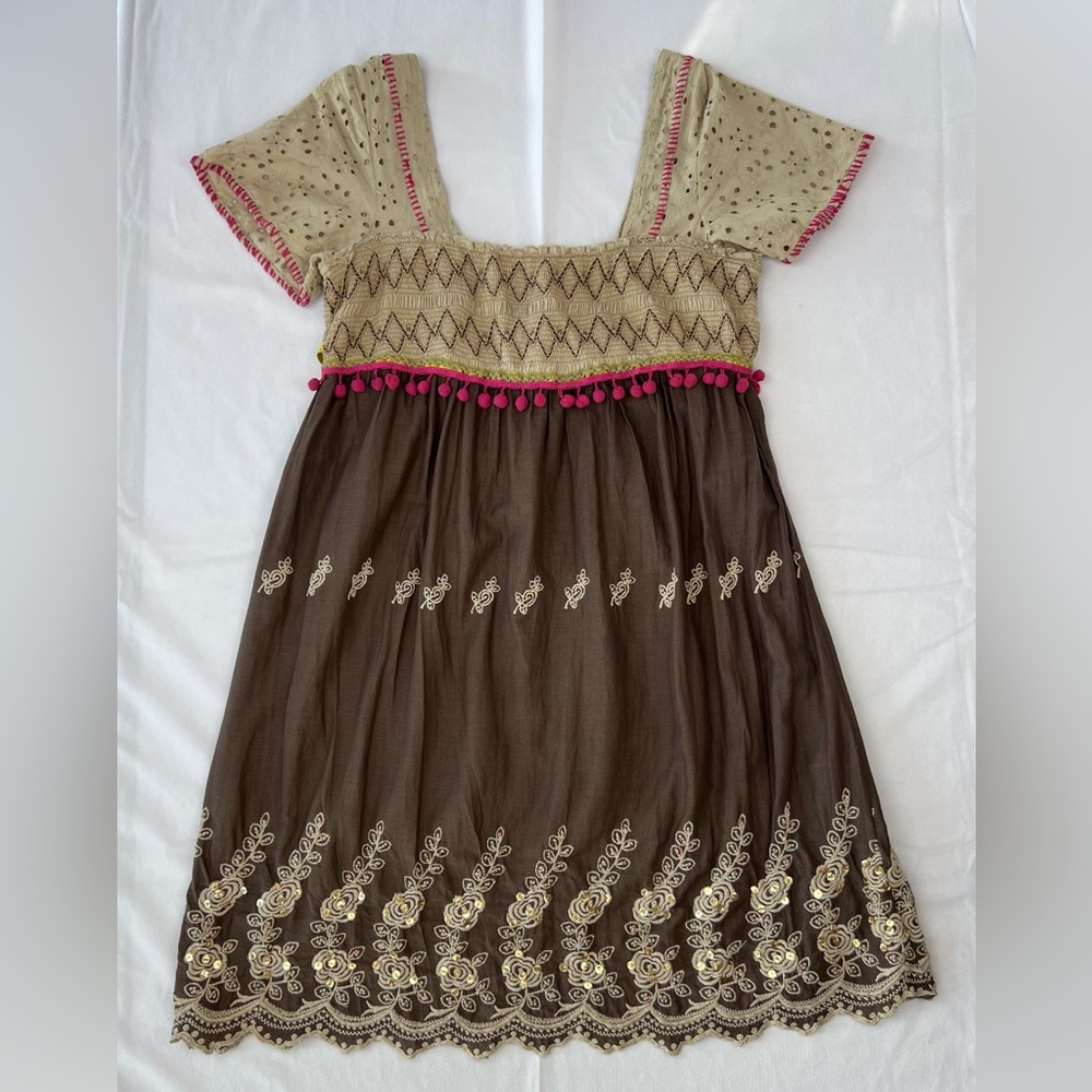 Free People Smocked Boho Hippie Pom Pom Embroidered Eyelet Mini Dress - 4